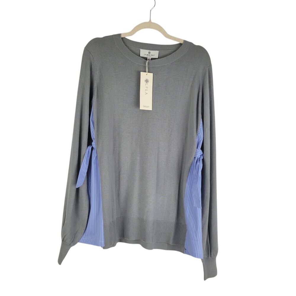 Laurie Felt Mixed Media Sweater w/ Side Pleat Size M Gray Blue Long Sleeve NWT